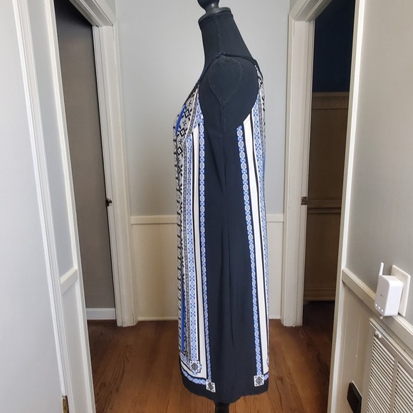 Sandra Darren Sheath Dress Women 12 Blue Black Geometric Print Stretch - Picture 5 of 16